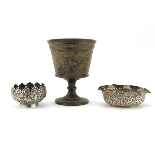 401 - Two Anglo Indian unmarked silver bowls together with an enamelled brass chalice, the largest 16cm hi... 