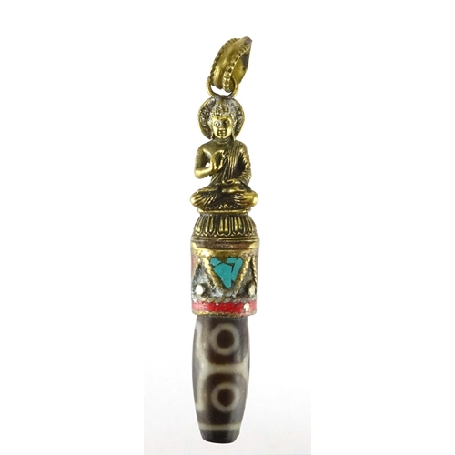388 - Tibetan brass mounted agate pendant set with turquoise and coral, 9.5cm high