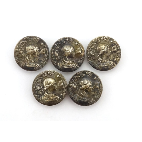 602 - Five Art Nouveau silver buttons embossed with a young female amongst flowers, by Joseph Gloster, Bir... 