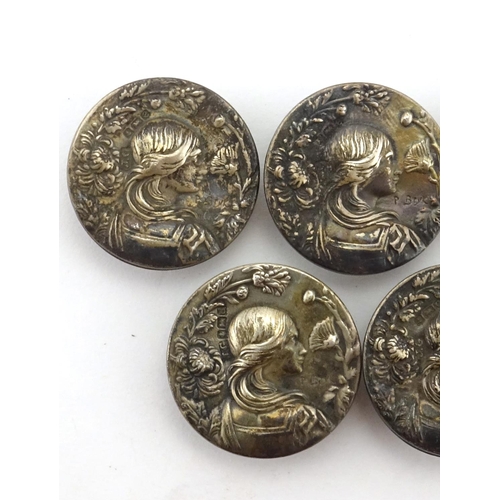 602 - Five Art Nouveau silver buttons embossed with a young female amongst flowers, by Joseph Gloster, Bir... 