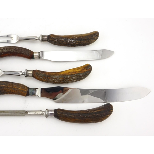 80 - Five piece horn handled carving set, with stainless steel blades, retailed by Asprey Bond Street, ho... 