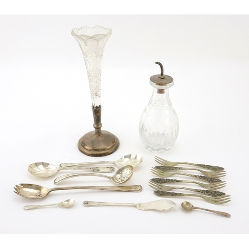 2592 - Silver flatware, cut glass bud vase and oil bottle, various hallmarks, the largest 20.5cm high, appr... 