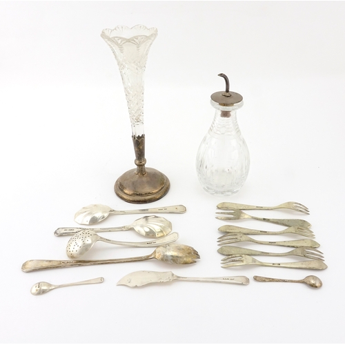 2592 - Silver flatware, cut glass bud vase and oil bottle, various hallmarks, the largest 20.5cm high, appr... 