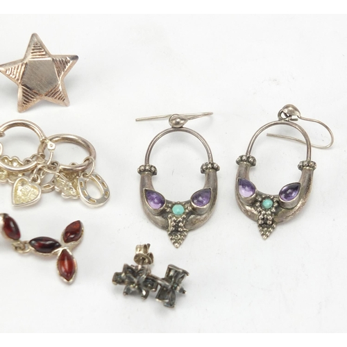 202 - Six pairs of silver earrings, some set with semi precious stones, approximate weight 20.5g