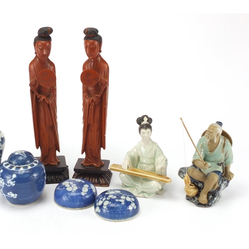 145 - Mostly Chinese ceramics and a pair of figures including blue and white ginger jars