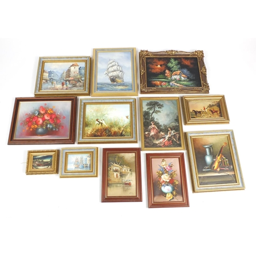 188 - Assorted pictures including oil paintings, Parisian street scene, hunting dog and still life