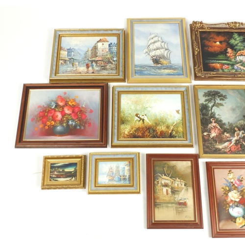 188 - Assorted pictures including oil paintings, Parisian street scene, hunting dog and still life