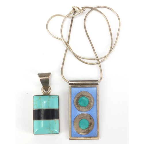 248 - Two silver and enamel pendants with turquoise and enamel decoration, approximate weight 23.4g