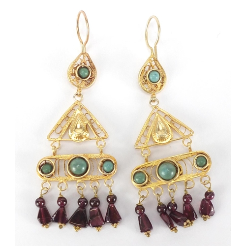 233 - Pair of antique style gilt metal earrings set with green and purple stones, 7.5cm in length, approxi... 