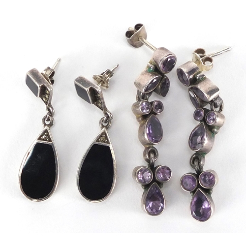 258 - Two pairs of silver earrings, Art Deco style black enamel and marcasite and amethyst, the largest 4.... 