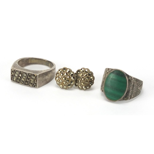 238 - Two silver rings and a pair of earrings including marcasite and malachite, approximate weight 15.8g