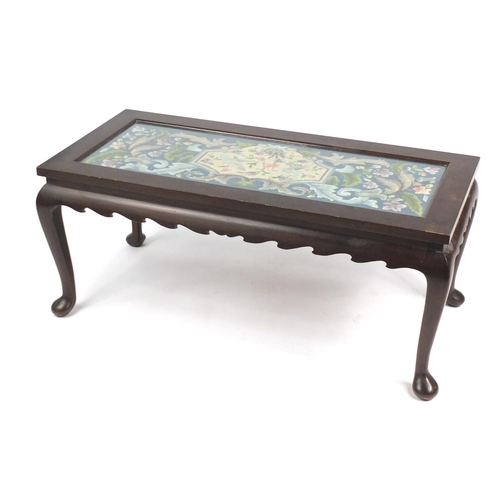 34 - Rectangular mahogany coffee table with needlepoint top, raised on cabriole legs, 46cm H x 108cm W x ... 