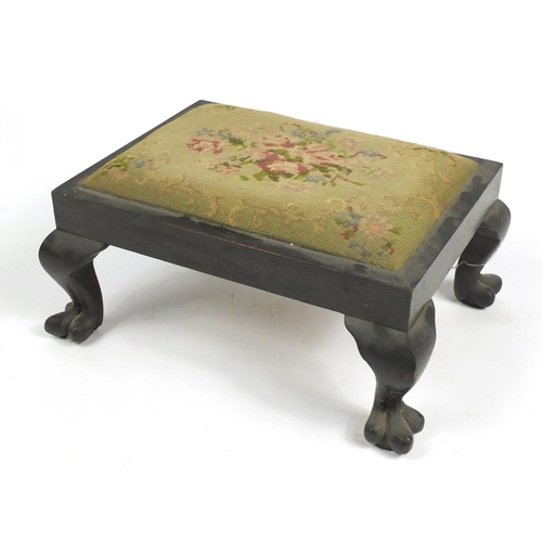 36 - Victorian mahogany stool, with needlepoint stuff over seat and paw feet, 22cm H x 45cm W x 33cm D