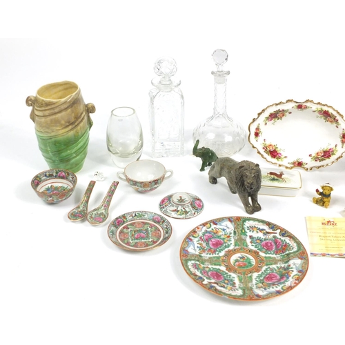 142 - China and glassware including decanters, Sylvac vase, Royal Doulton Rupert Bear figure, Studio potte... 