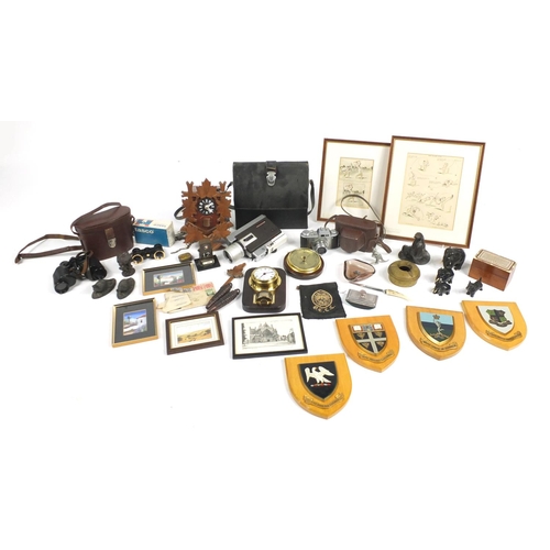 143 - Miscellaneous items including a cuckoo clock, vintage camera's, bronzed animals and a barometer