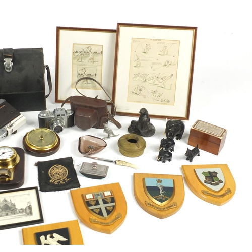 143 - Miscellaneous items including a cuckoo clock, vintage camera's, bronzed animals and a barometer