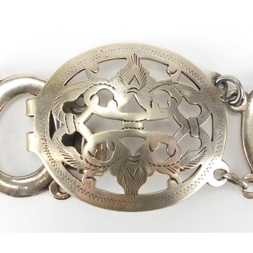 453 - Chinese silvered coloured metal belt with buckle, 100cm in length, approximate weight 184.3g