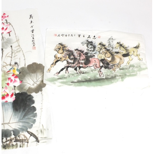 644 - Three Chinese pictures of horses and flowers, the largest 104cm x 50cm