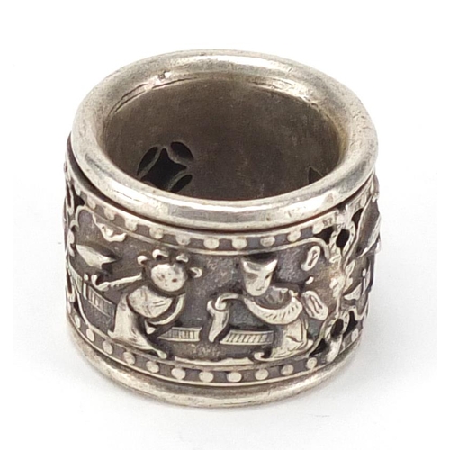 474 - Chinese silver coloured metal ring with rotating band, approximate weight 34.2g