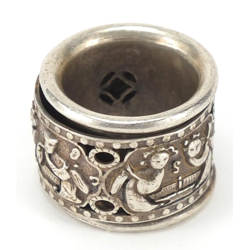 474 - Chinese silver coloured metal ring with rotating band, approximate weight 34.2g