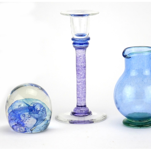 2365 - Helen Millard glassware including a pair of candlesticks and two paperweights, etched marks to the b... 