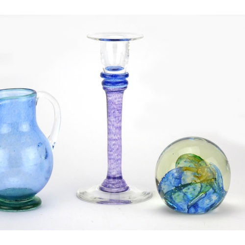 2365 - Helen Millard glassware including a pair of candlesticks and two paperweights, etched marks to the b... 