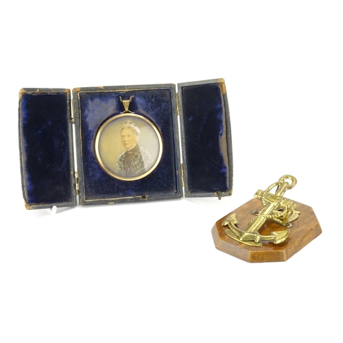 2541 - Victorian circular portrait miniature of an elderly female and a brass and oak anchor design letter ... 