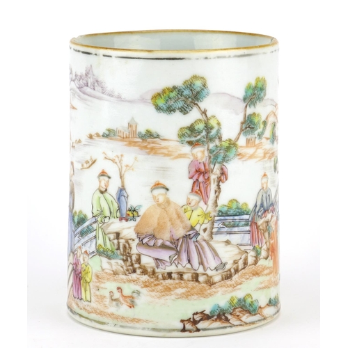 2368 - 18th century Chinese porcelain tankard, hand painted in the famille rose palette with figures, 12cm ... 