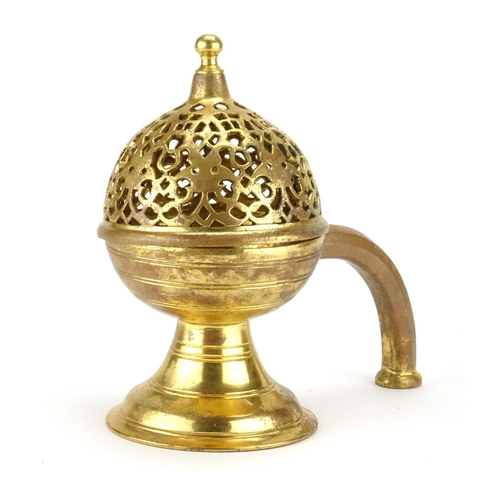 416 - Turkish Tombak incense burner with domed hinged openwork cover, 21.5cm high