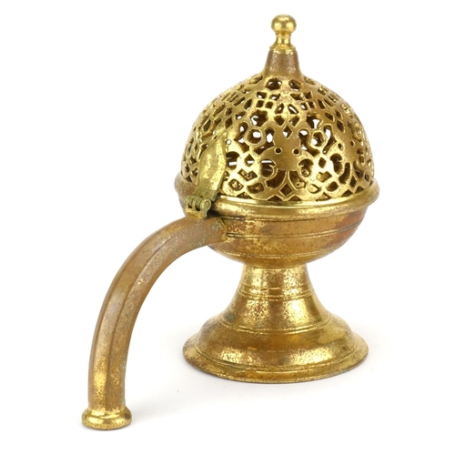 416 - Turkish Tombak incense burner with domed hinged openwork cover, 21.5cm high