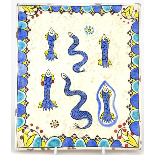 409 - Early 19th century Turkish Katahya pottery tile, hand painted with fish and snakes, 25cm x 21cm (Pro... 