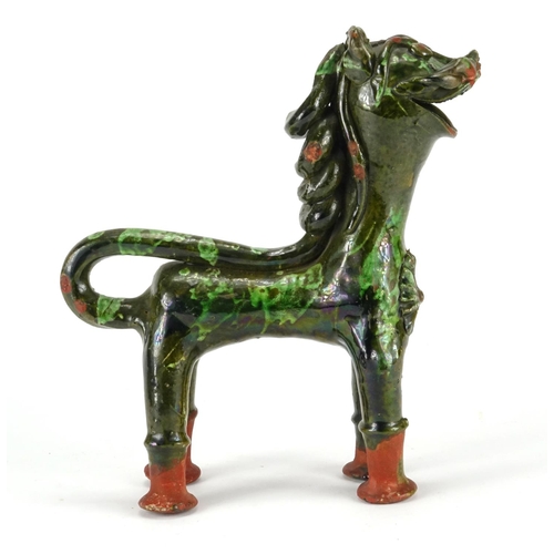 408 - Turkish Canakkale green glazed pottery horse ewer, 23.5cm high