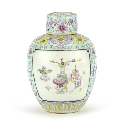 304 - Chinese porcelain lidded tea caddy, finely hand painted in the famille rose palette with lucky objec... 