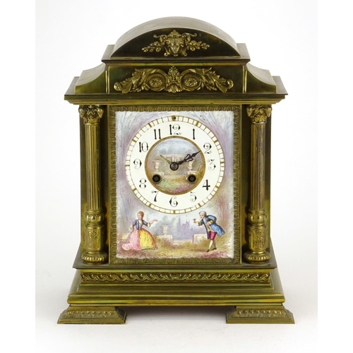 811 - French brass mantel clock with enamelled panels, hand painted with figures and buildings, the moveme... 