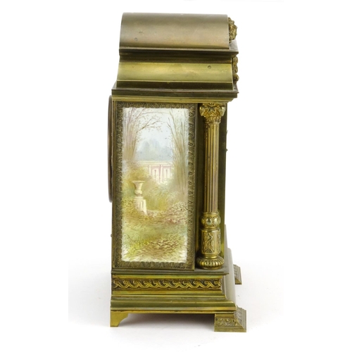 811 - French brass mantel clock with enamelled panels, hand painted with figures and buildings, the moveme... 