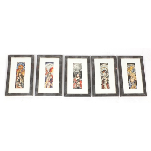 307 - Set of five Gothic pictures of vampire women, each mounted and framed, 20.5cm x 6.5cm