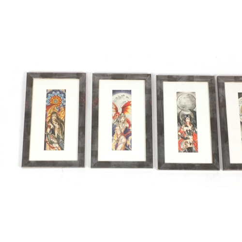 307 - Set of five Gothic pictures of vampire women, each mounted and framed, 20.5cm x 6.5cm