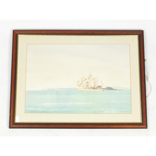 92 - David Cadogan - Rigged ship on calm sea, watercolour, mounted and framed, 52.5cm x 35cm