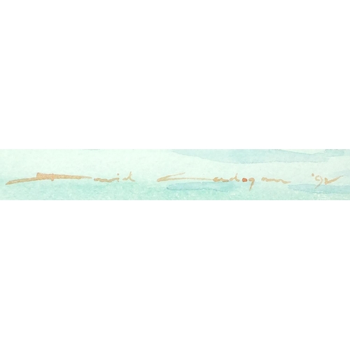 92 - David Cadogan - Rigged ship on calm sea, watercolour, mounted and framed, 52.5cm x 35cm