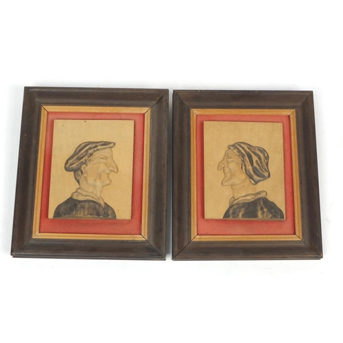 378 - R Savidan - Pair of carved wood portraits of an elderly couple, inscribed verso, each framed, 20cm x... 