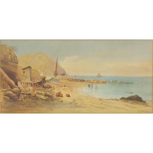 121 - Moored boats and children playing in the sea, watercolour, bearing an indistinct signature possibly ... 