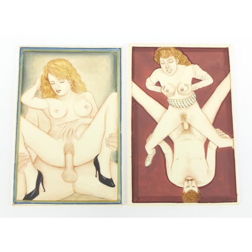486 - Two Indian Mughal style panels depicting erotic scenes, each 15cm x 10cm