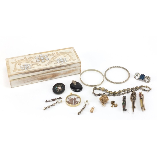 259 - Costume jewellery including a pietra dura panel, silver mounted pendant and Scottish Dirk design bro... 