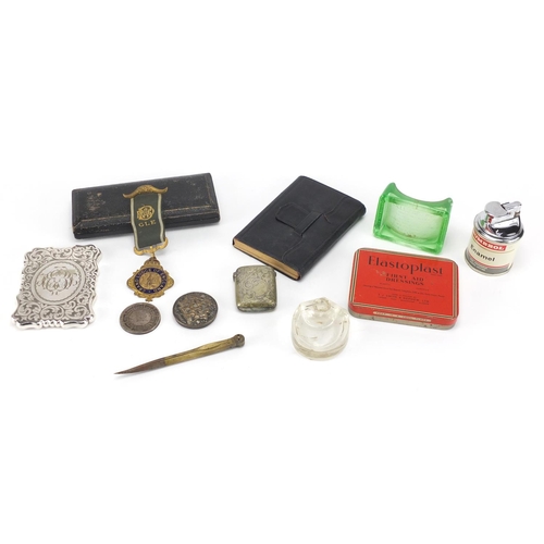 510 - Objects including a Victorian silver plated card case, white metal vesta and a Masonic medal