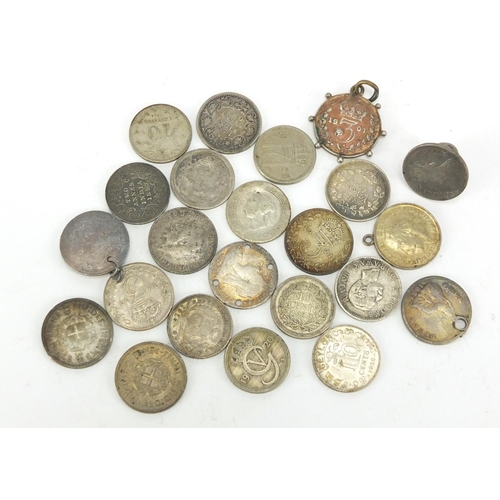 695 - Mostly antique silver coins including Indian two annas and three penny bits