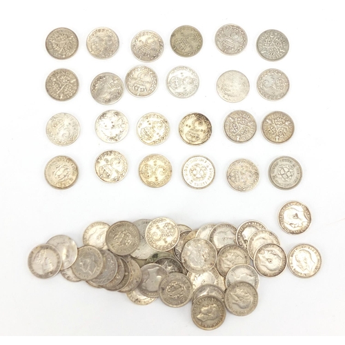 694 - Mostly British pre 1947 silver three penny bits, approximate weight 92.0g