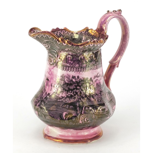 339 - Victorian pottery lustre glazed jug, decorated with figures on a lake, 21cm high