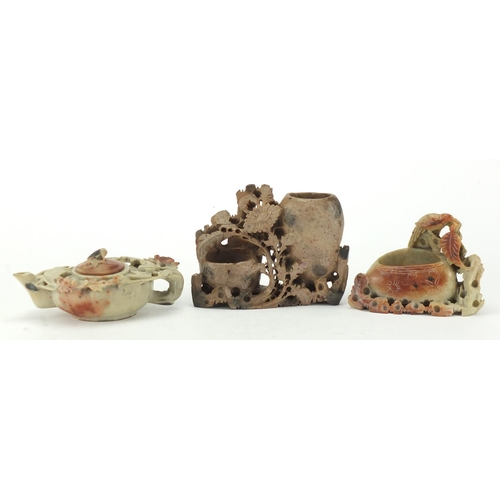 591 - Two Chinese carved soapstone brush washers and a teapot, the largest 11.5cm high