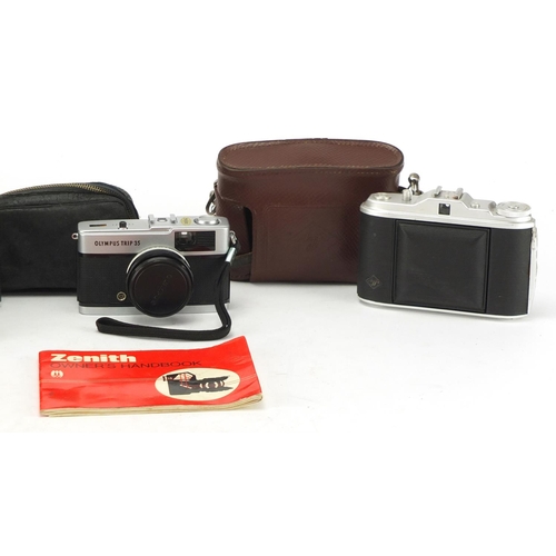 136 - Three vintage cameras including Zenit EM & Agfa Isolette