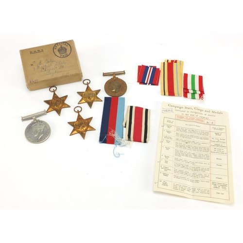 729 - Five British Military World War II medals, with ribbons and a box of issue for E.Coles